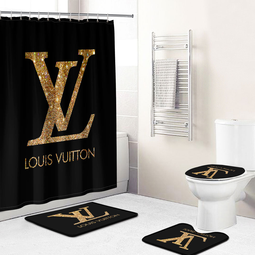 Louis vuitton lv black bathroom set hot 2023 luxury shower curtain bath rug mat home decor