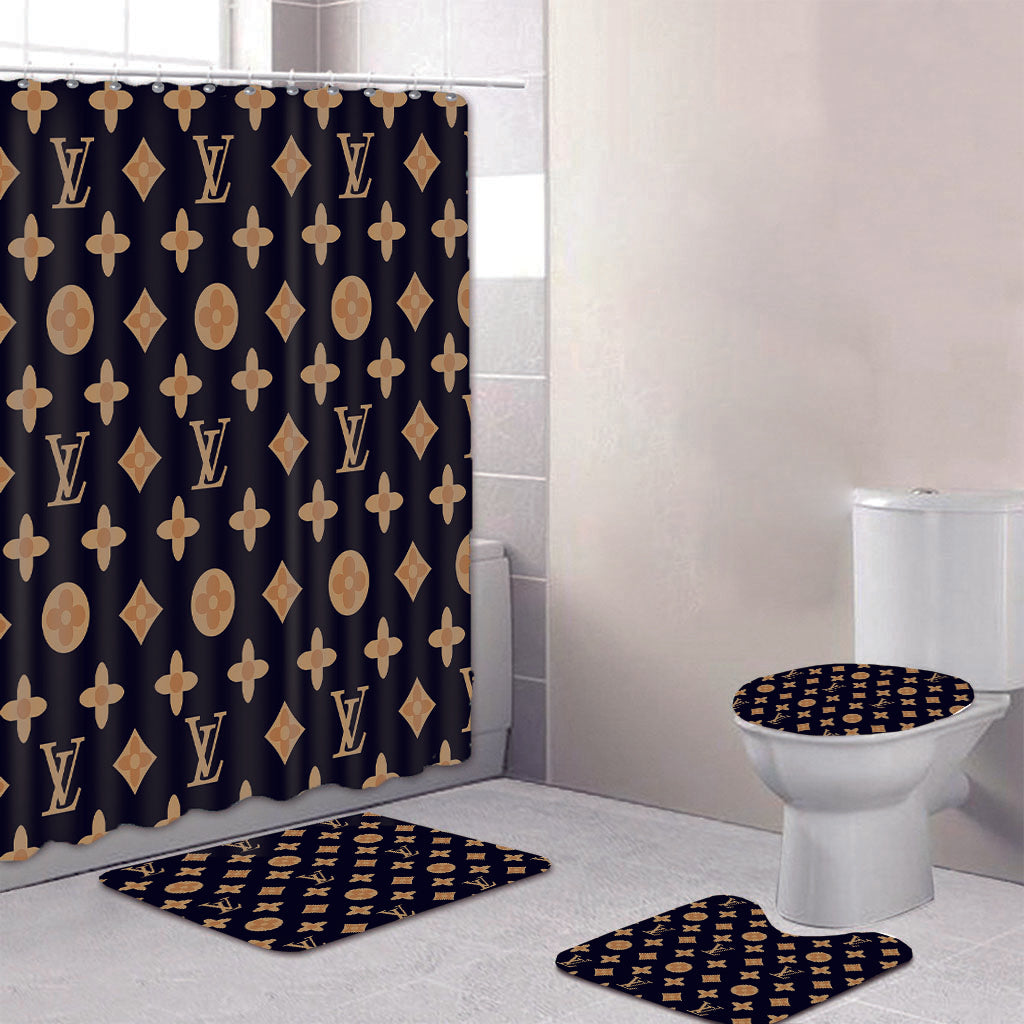 Louis vuitton lv monogram bathroom set hot 2023 luxury shower curtain bath rug mat home decor