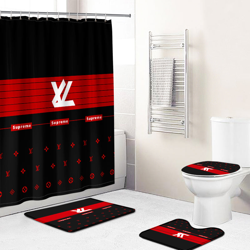 Louis vuitton lv black red bathroom set hot 2023 luxury shower curtain bath rug mat home decor