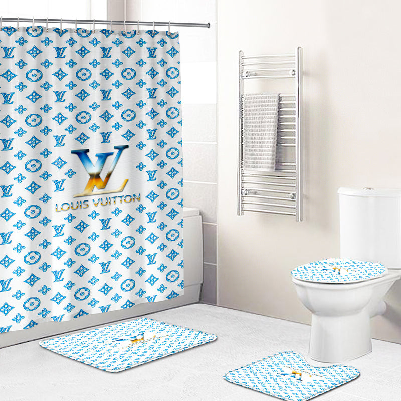 Louis vuitton lv blue bathroom set hot 2023 luxury shower curtain bath rug mat home decor