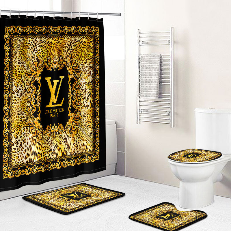 Louis vuitton lv gold bathroom set hot 2023 luxury shower curtain bath rug mat home decor