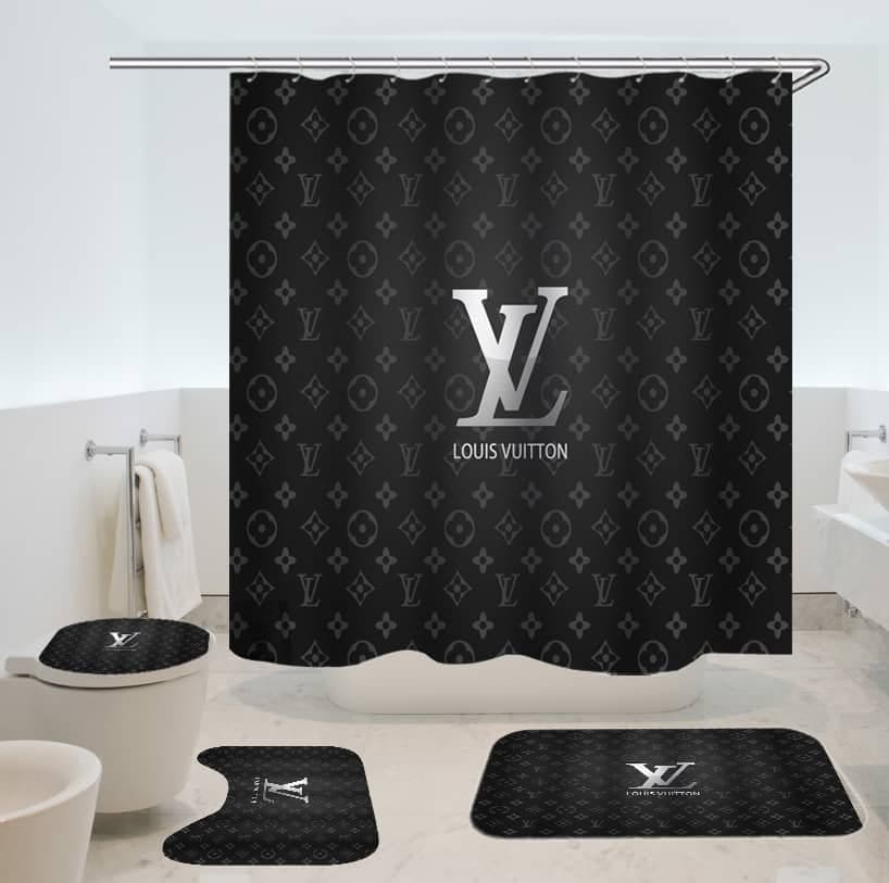 Louis vuitton lv dark bathroom set hot 2023 luxury shower curtain bath rug mat home decor
