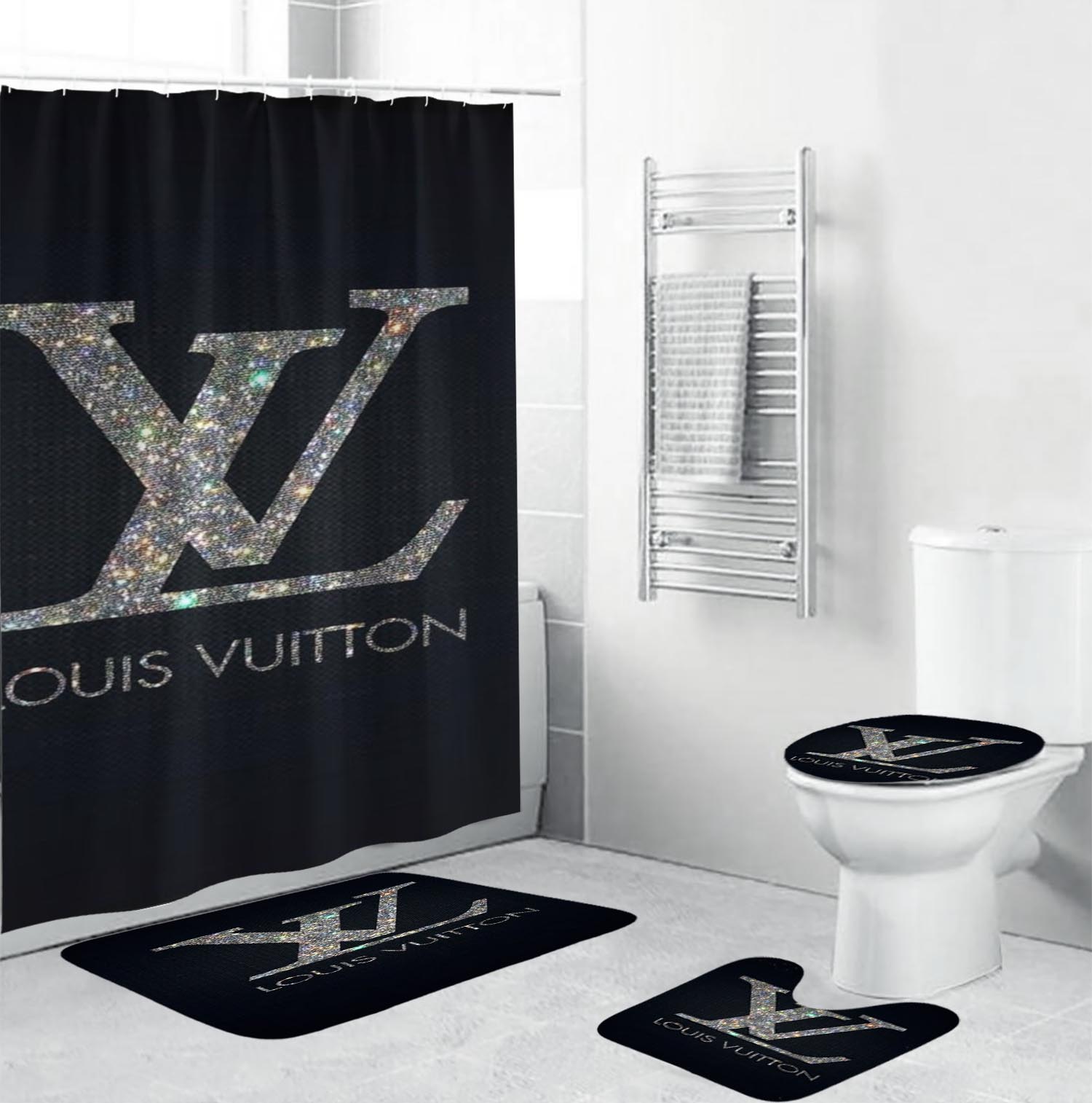 Louis vuitton lv glitter bathroom set hot 2023 luxury shower curtain bath rug mat home decor