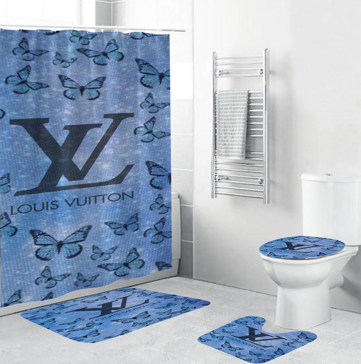 Louis vuitton lv butterfly bathroom set hot 2023 luxury shower curtain bath rug mat home decor