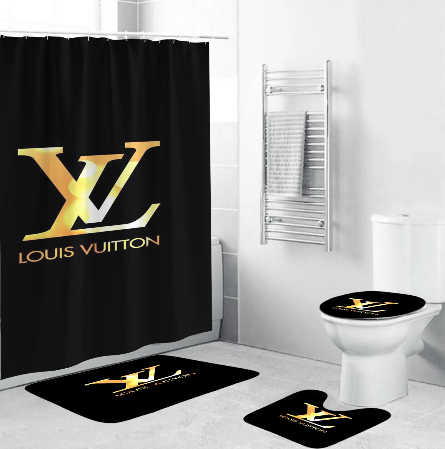 Louis vuitton lv black bathroom set hot 2023 luxury shower curtain bath rug mat home decor