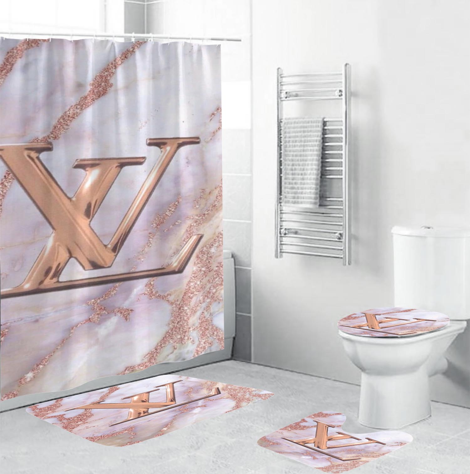 Louis vuitton lv bathroom set hot 2023 luxury shower curtain bath rug mat home decor