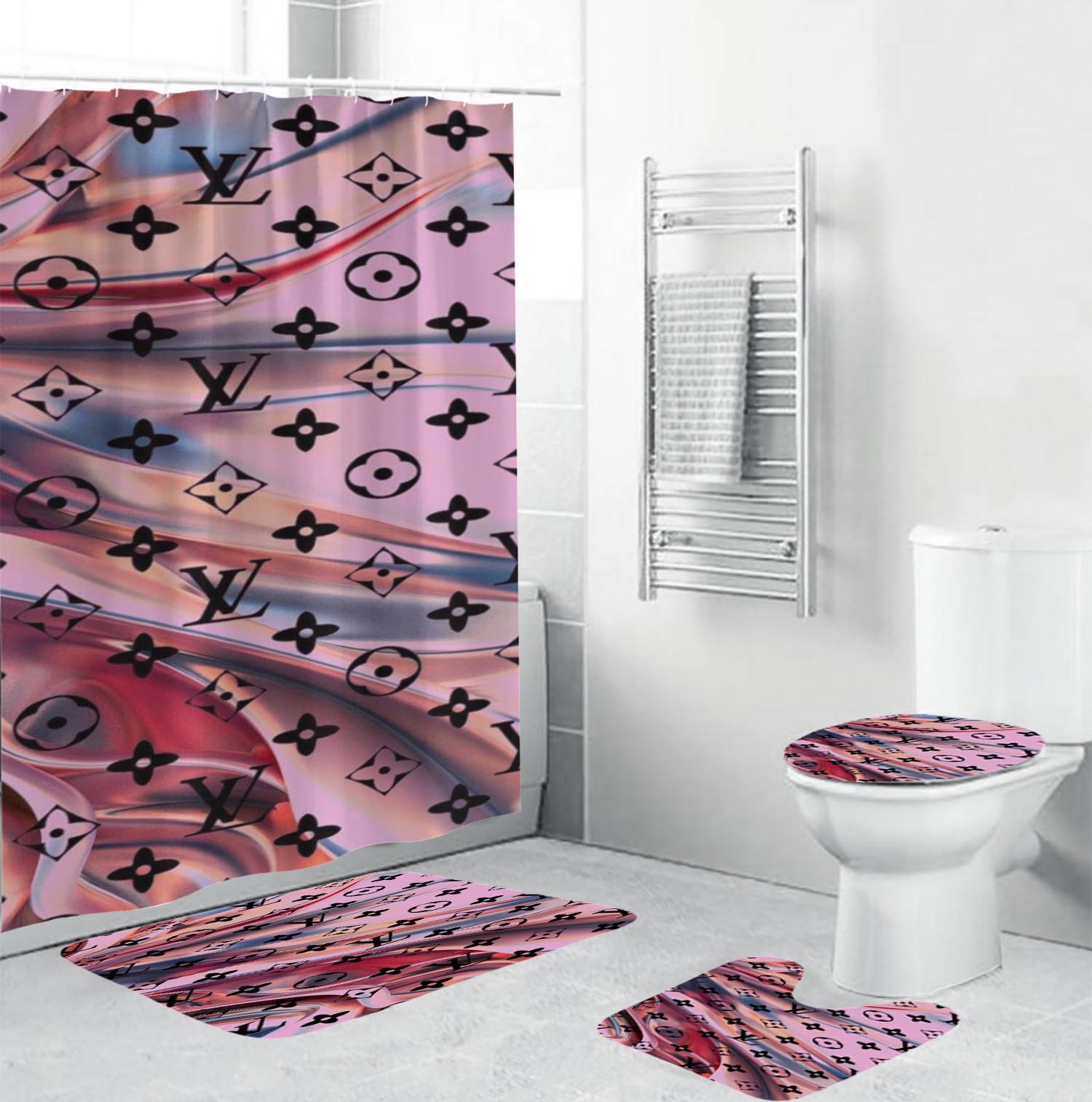 Louis vuitton lv monogram bathroom set hot 2023 luxury shower curtain bath rug mat home decor