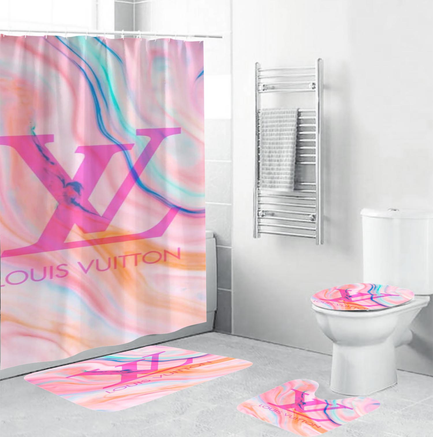 Louis vuitton lv abstract bathroom set hot 2023 luxury shower curtain bath rug mat home decor