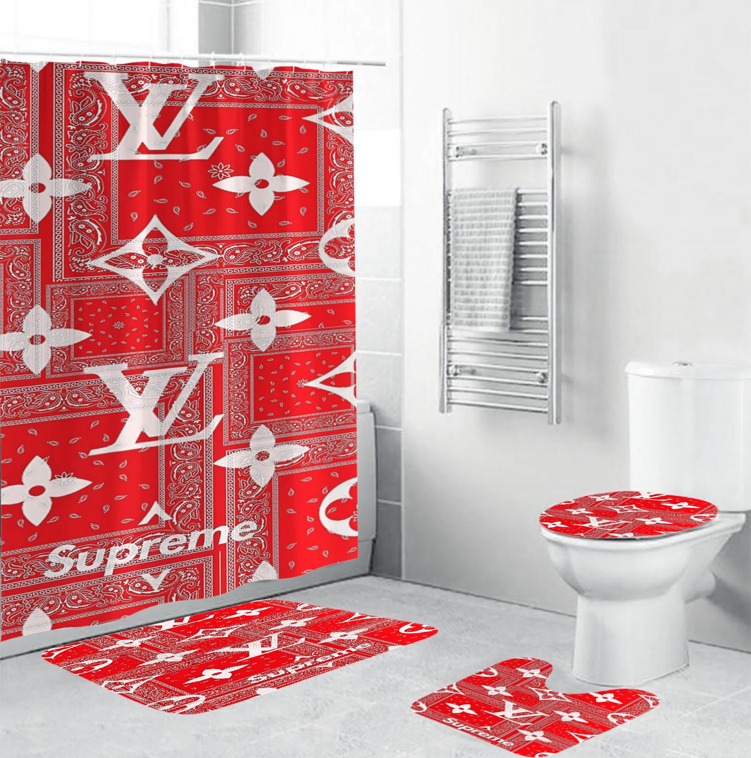 Louis vuitton lv supreme bathroom set hot 2023 luxury shower curtain bath rug mat home decor