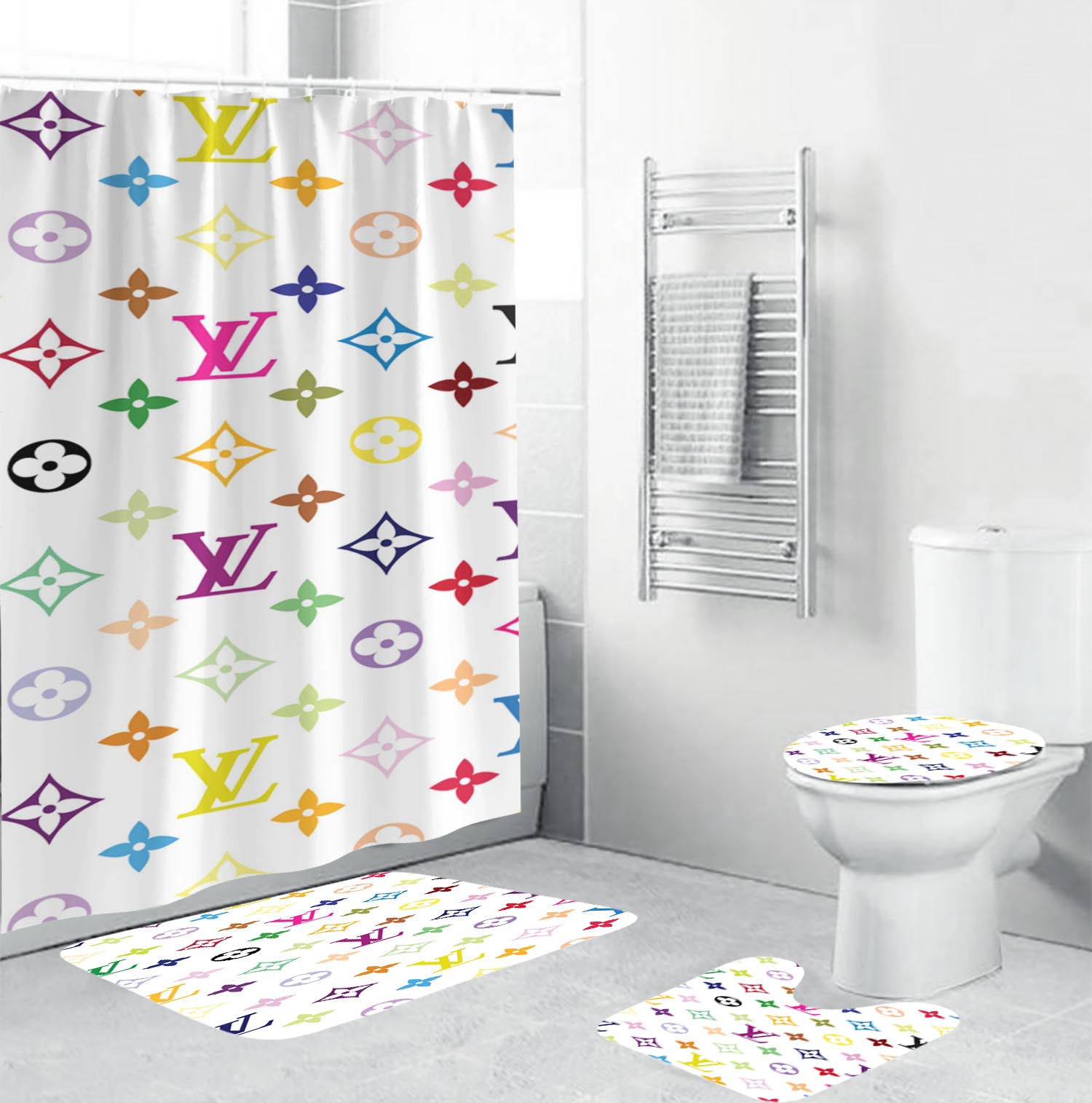 Louis vuitton lv white bathroom set hot 2023 luxury shower curtain bath rug mat home decor