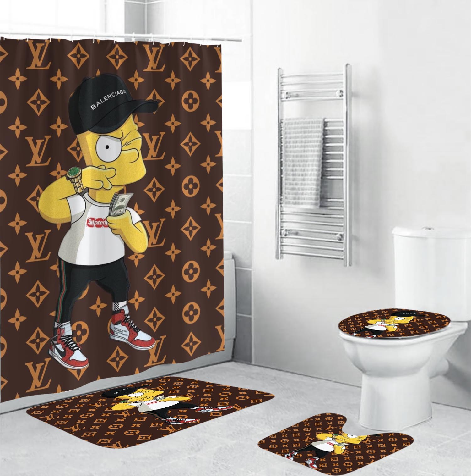 Louis vuitton lv the simpsons bathroom set hot 2023 luxury shower curtain bath rug mat home decor