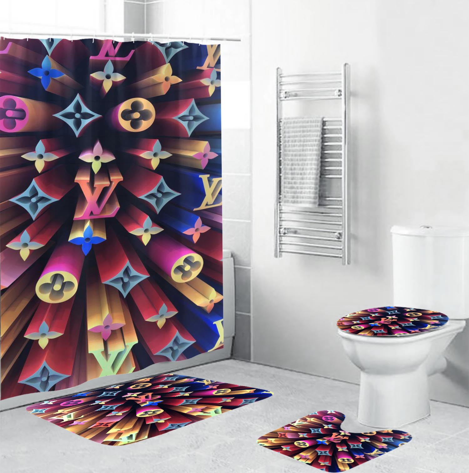 Louis vuitton lv colorful bathroom set hot 2023 luxury shower curtain bath rug mat home decor