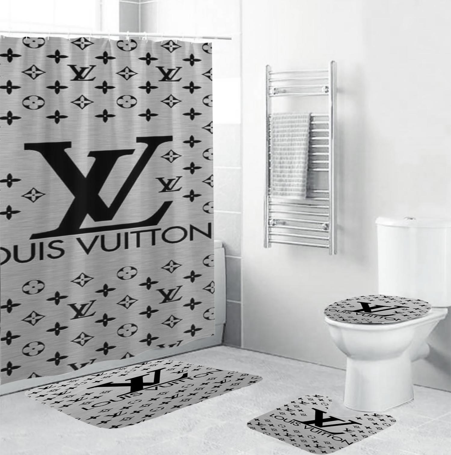 Louis vuitton lv grey bathroom set hot 2023 luxury shower curtain bath rug mat home decor