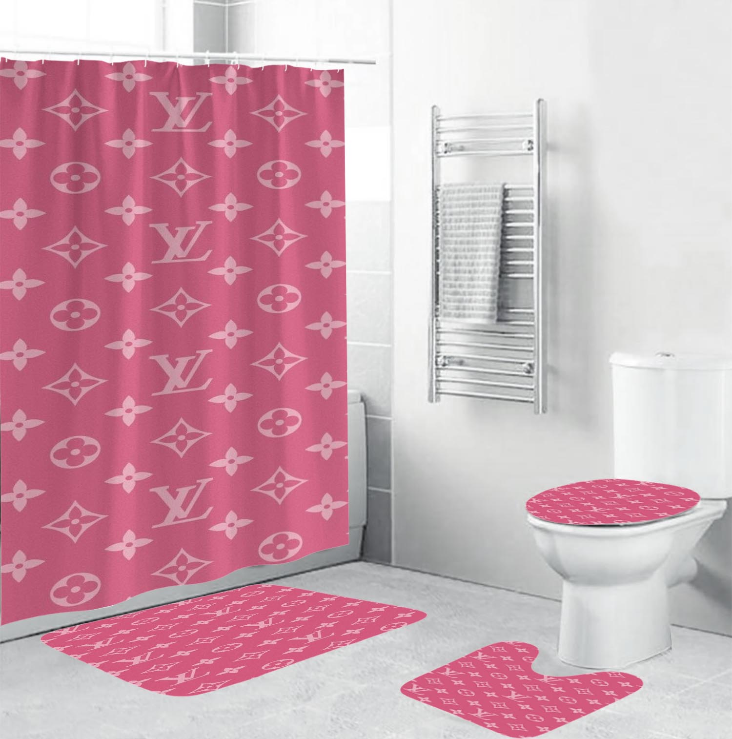 Louis vuitton lv pink bathroom set hot 2023 luxury shower curtain bath rug mat home decor