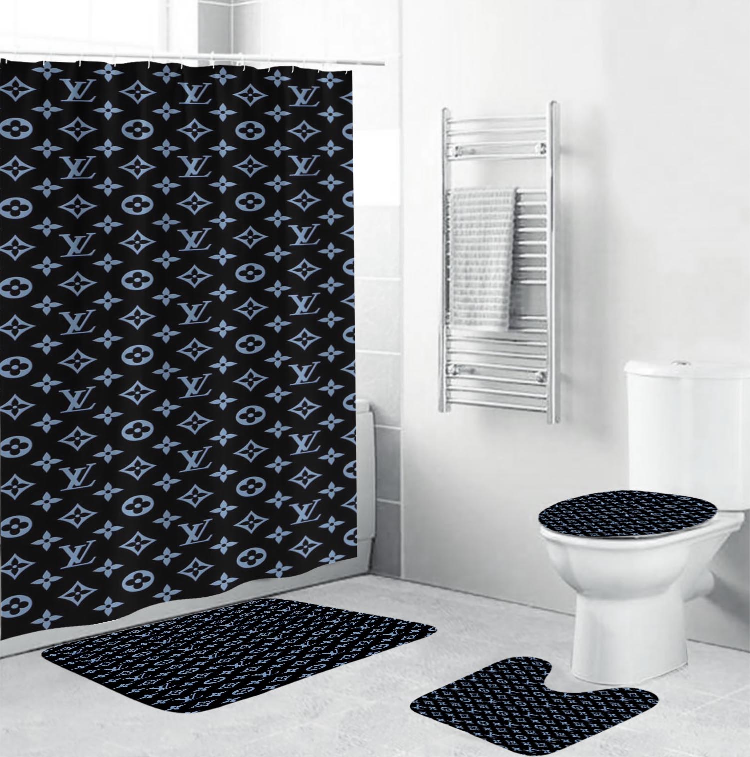 Louis vuitton lv blue bathroom set hot 2023 luxury shower curtain bath rug mat home decor