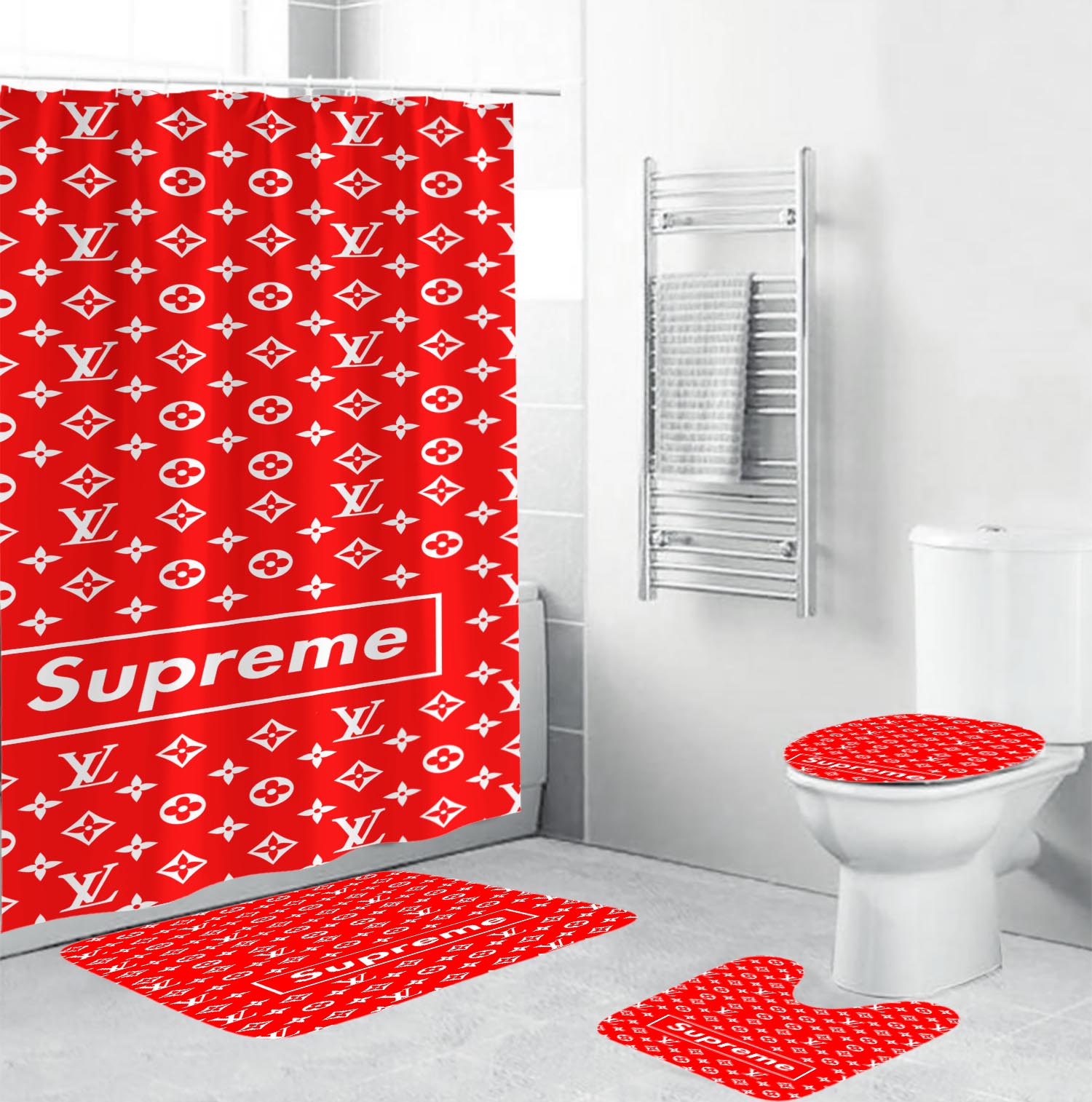 Louis vuitton lv supreme bathroom set hot 2023 luxury shower curtain bath rug mat home decor