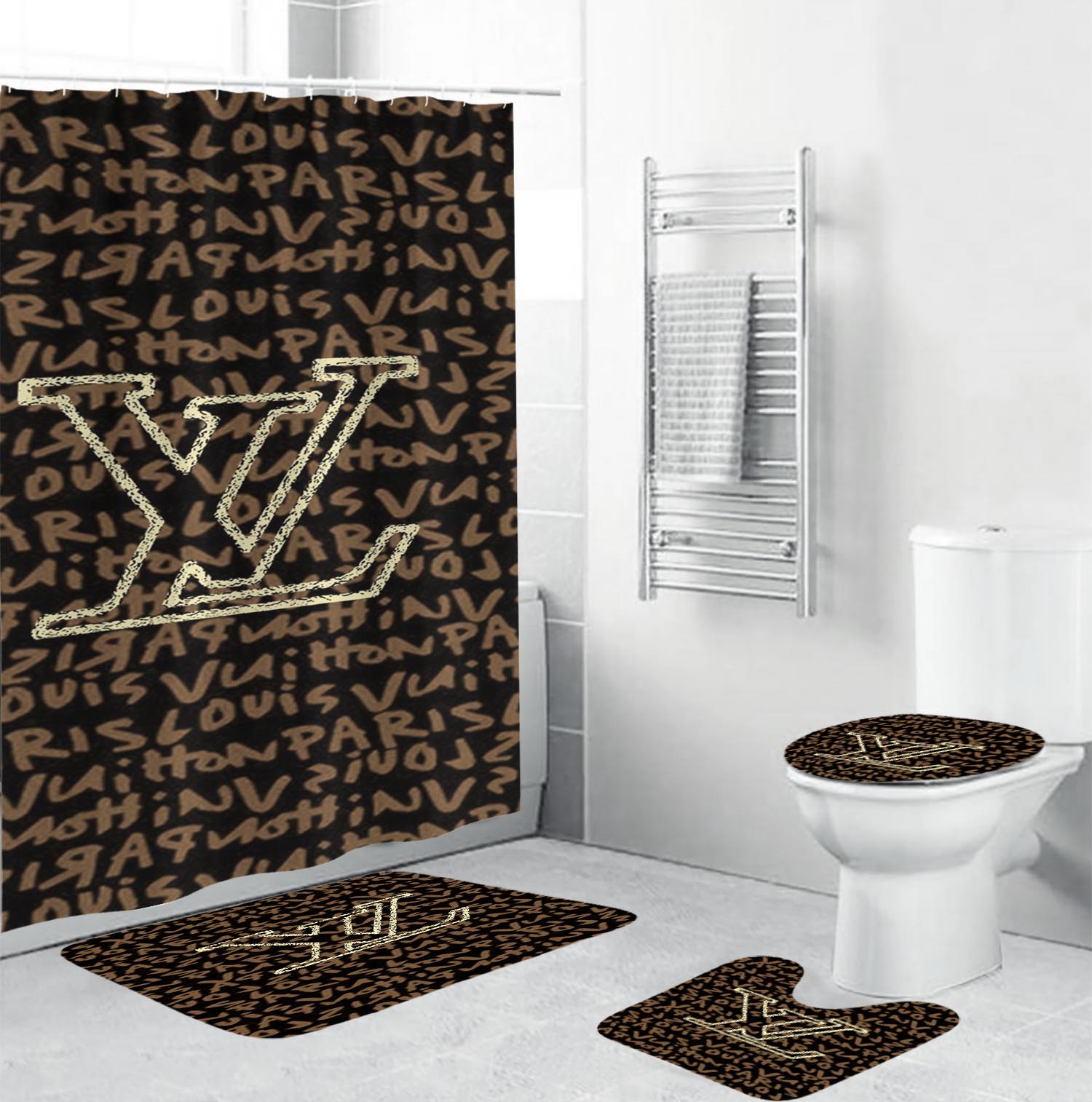 Louis vuitton lv brown bathroom set hot 2023 luxury shower curtain bath rug mat home decor