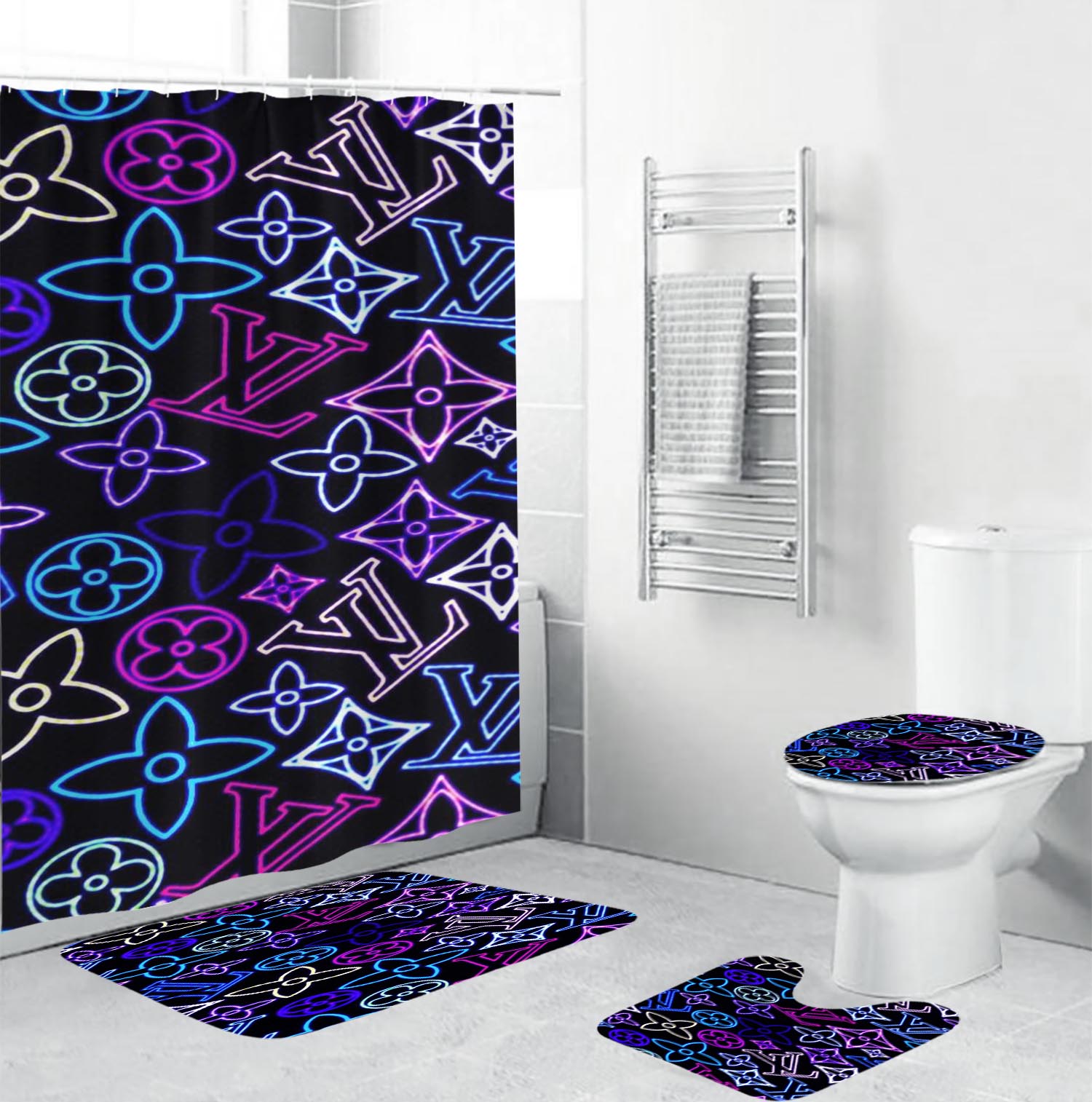 Louis vuitton lv colorful bathroom set hot 2023 luxury shower curtain bath rug mat home decor