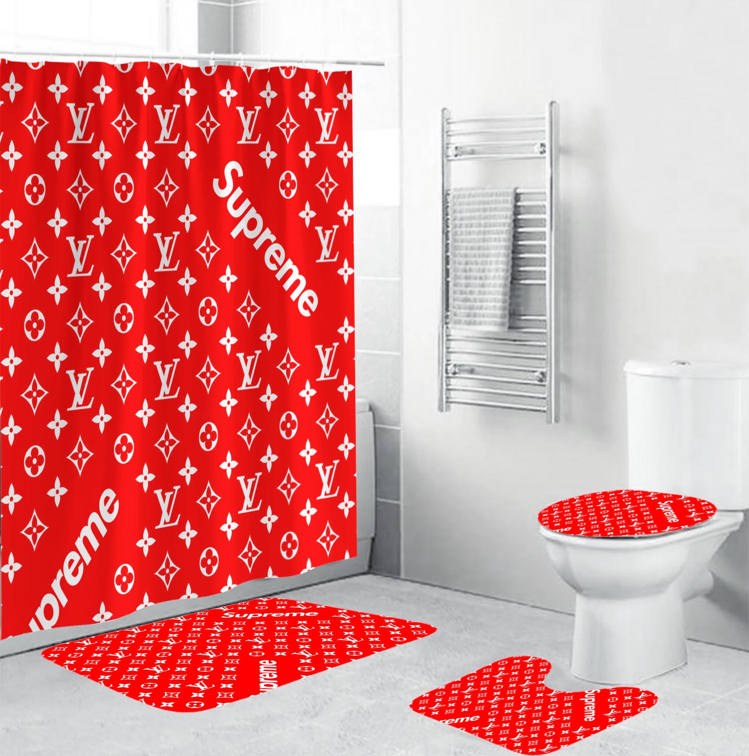 Louis vuitton lv supreme bathroom set hot 2023 luxury shower curtain bath rug mat home decor