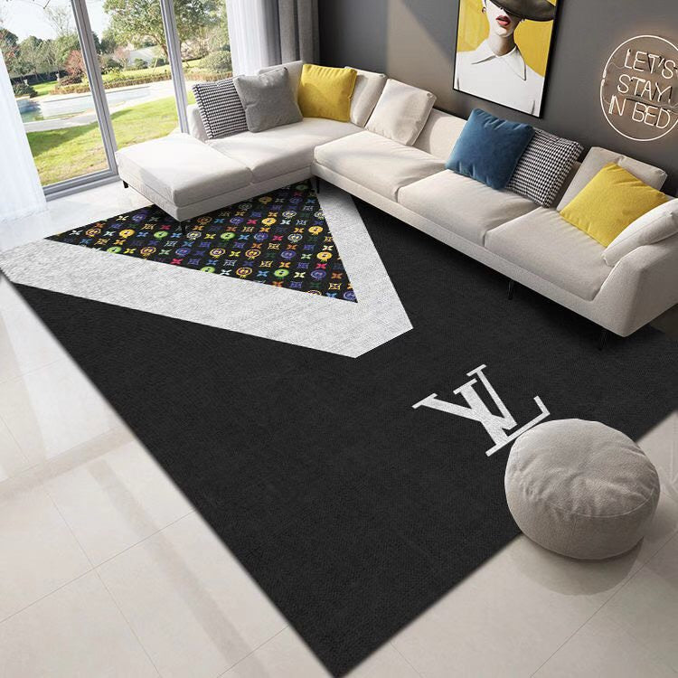 Louis vuitton black luxury area rug for living room hot 2023 bedroom carpet home decor mat