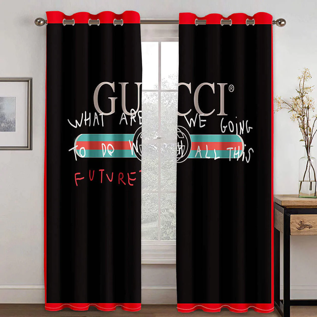 Gucci black red with quote window curtains hot 2023 luxury bedroom living room home decor