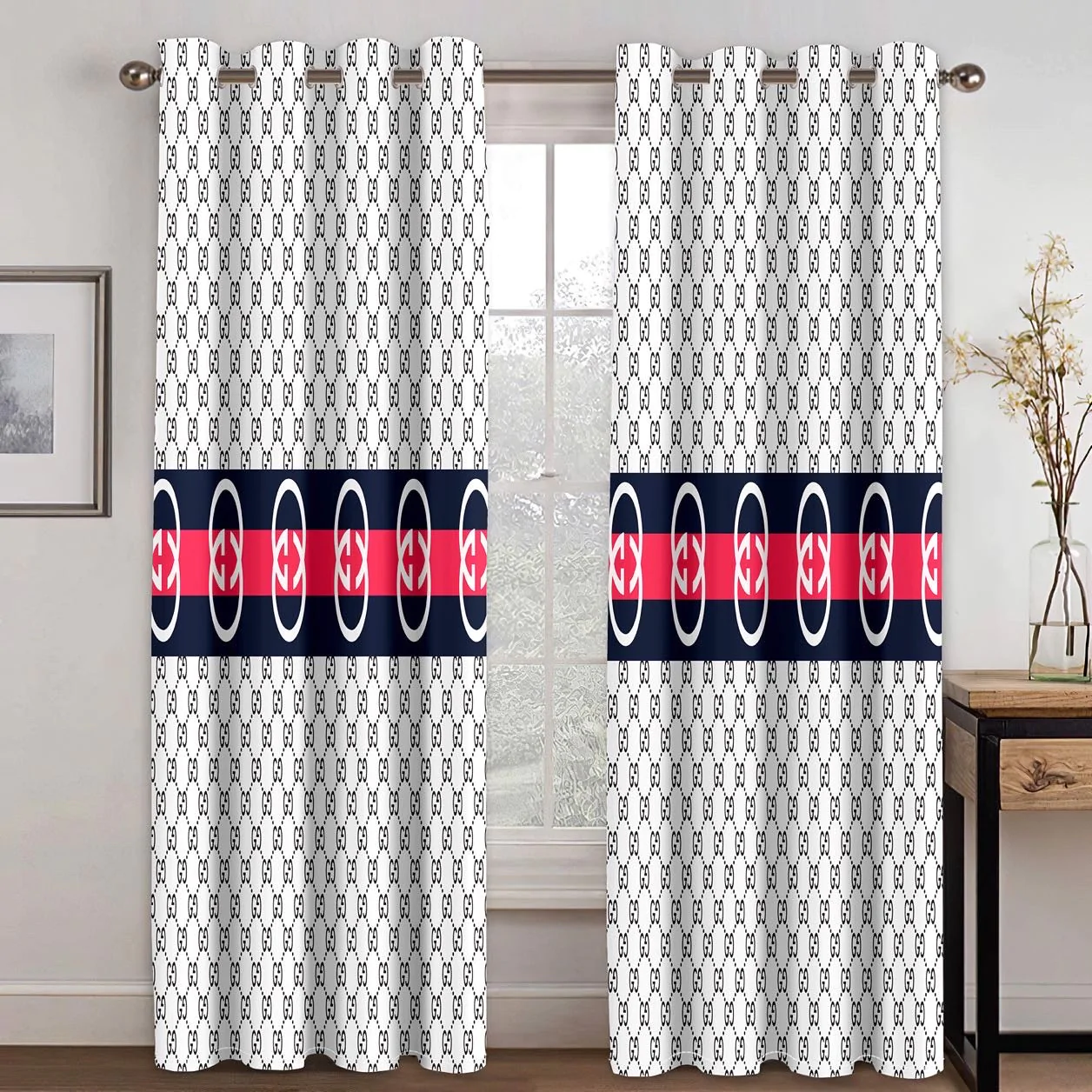 Gucci white stripe window curtains hot 2023 luxury bedroom living room home decor