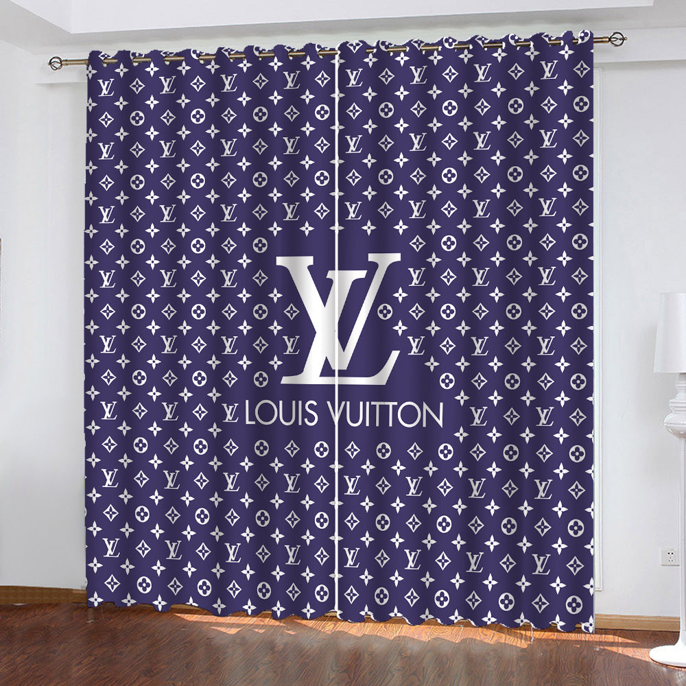 Louis vuitton lv blue luxury window curtains hot 2023 set for living room bedroom farmhouse style home decor