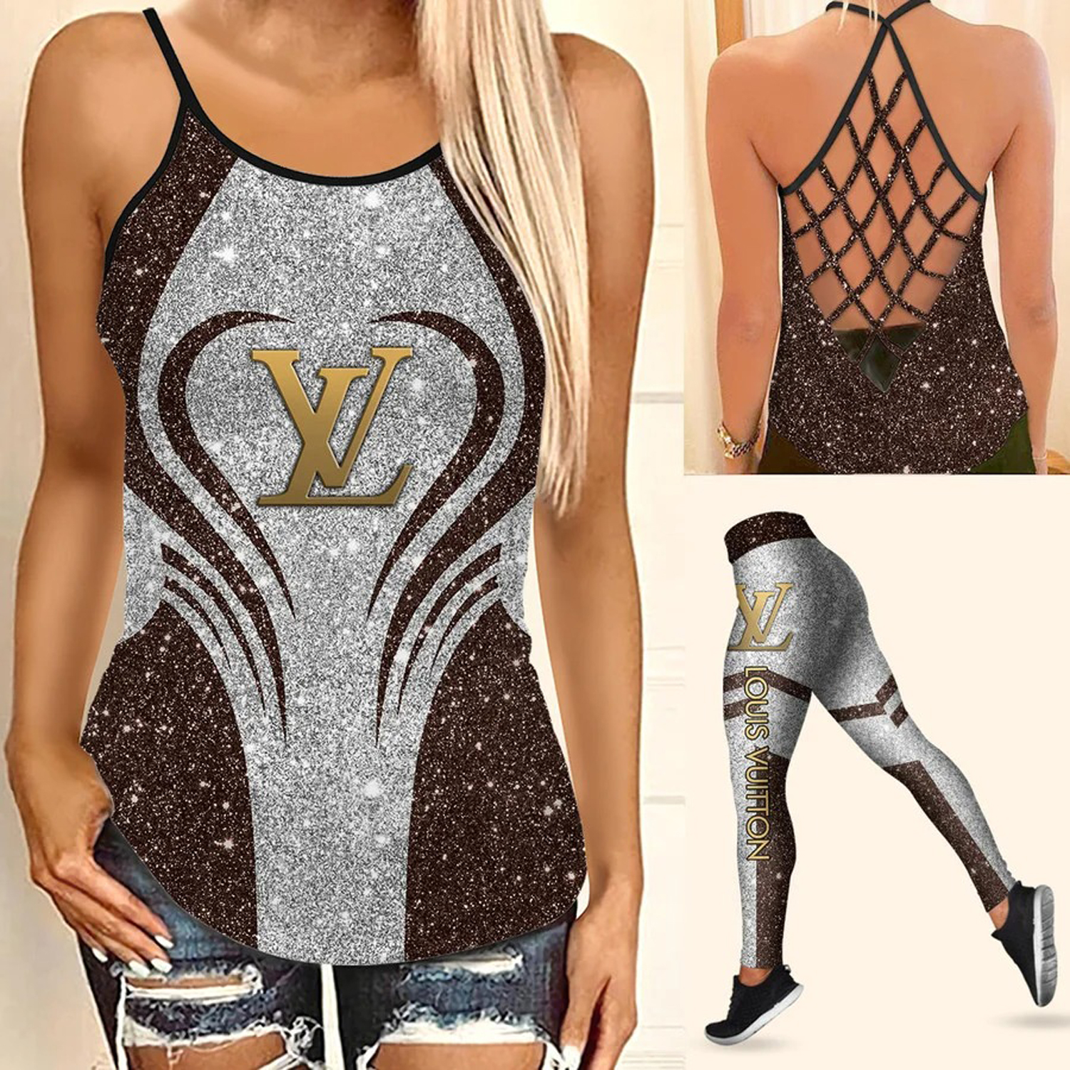 Louis vuitton brown tank top leggings lv luxury clothing clothes outfit gym for women hot 2023