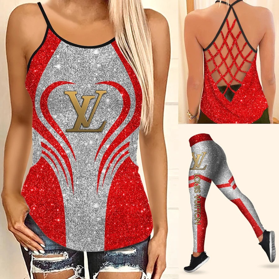 Louis vuitton red tank top leggings lv luxury clothing clothes outfit gym for women hot 2023