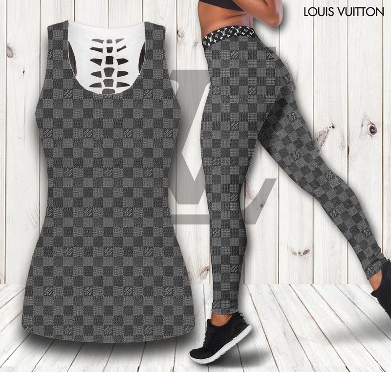 Louis vuitton grey tank top leggings luxury brand lv clothing clothes outfit gym for women hot 2023