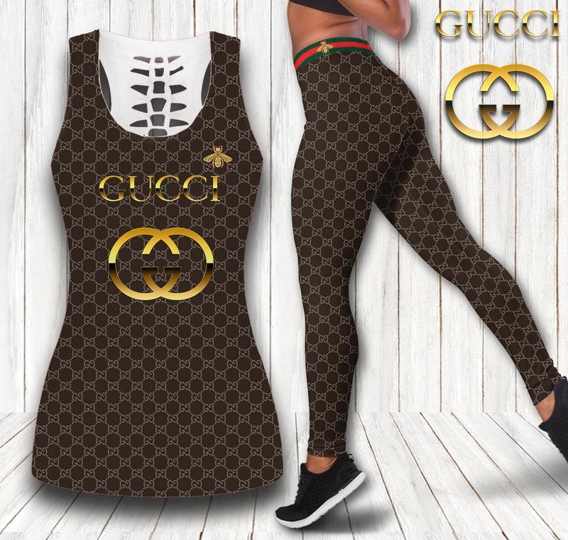 Gucci brown bee tank top leggings luxury brand clothing clothes outfit gym for women hot 2023