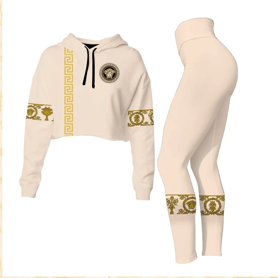 Versace beige croptop hoodie leggings for women luxury brand clothing clothes outfit hot 2023