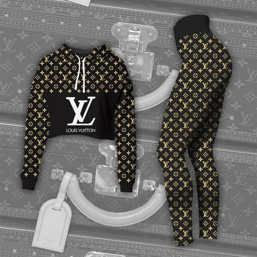 Louis vuitton black gold croptop hoodie leggings for women luxury brand lv clothing clothes outfit hot 2023