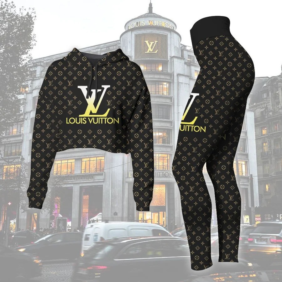 Louis vuitton black croptop hoodie leggings for women luxury brand lv clothing clothes outfit hot 2023