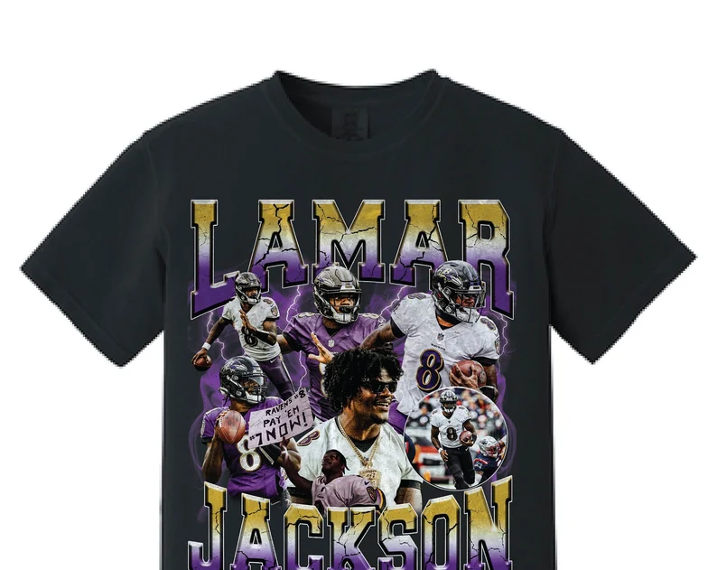 Lamar jackson vintage style 90's bootleg t-shirt unisex sizes s-3xl- lamar jackson #8 -baltimore ravens - ravens flock