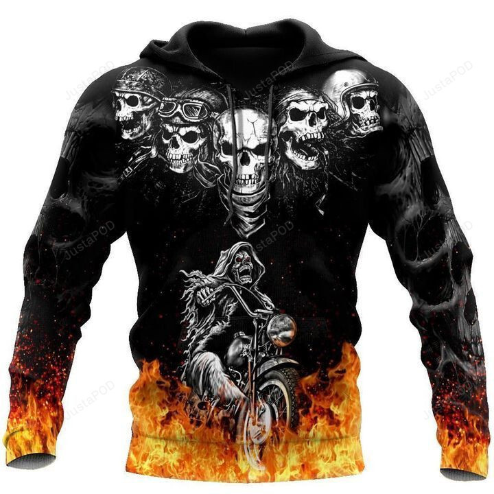 Biker skulls on the fire 3d all over print hoodie, zip-up hoodie