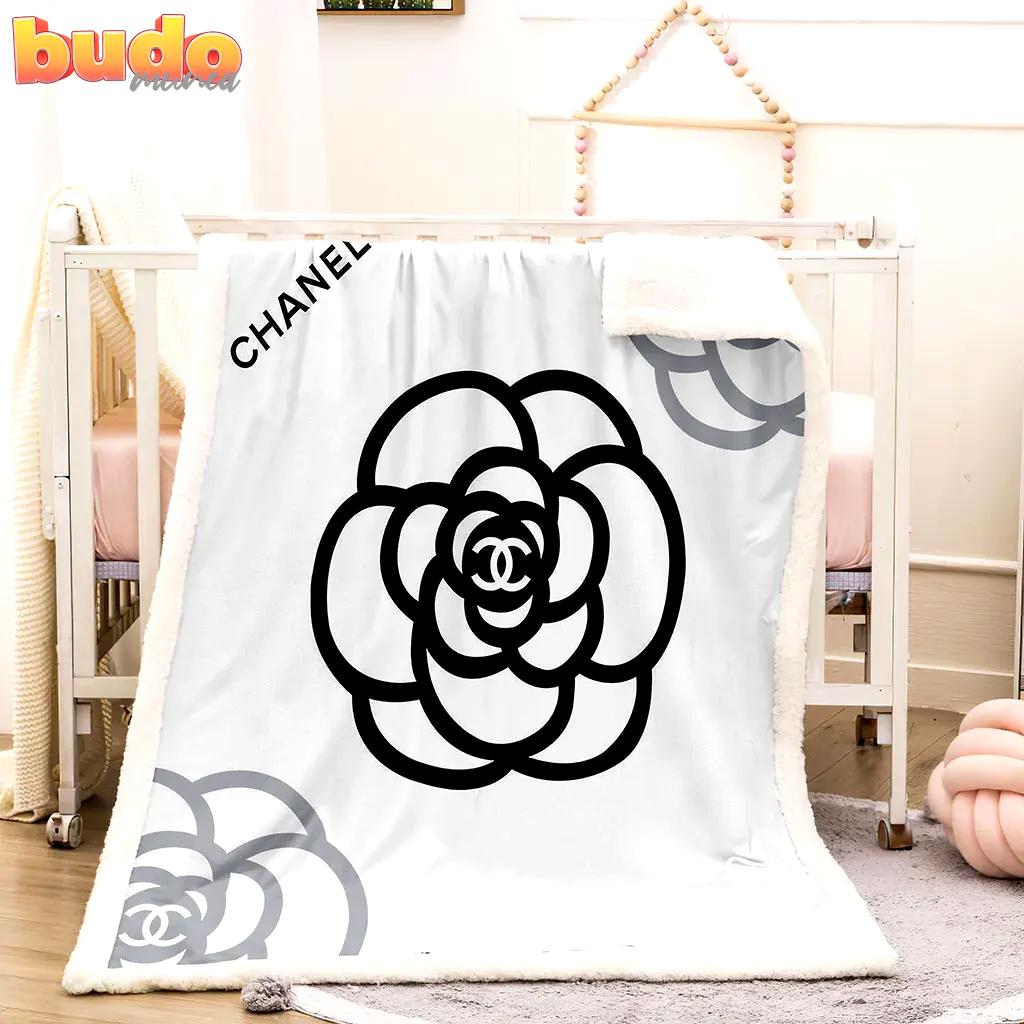 Chanel black flower white luxury brand premium blanket fleece home decor