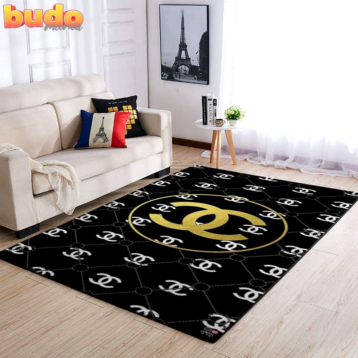 
                chanel black golden fashion luxury brand premium rug carpet home decor
            