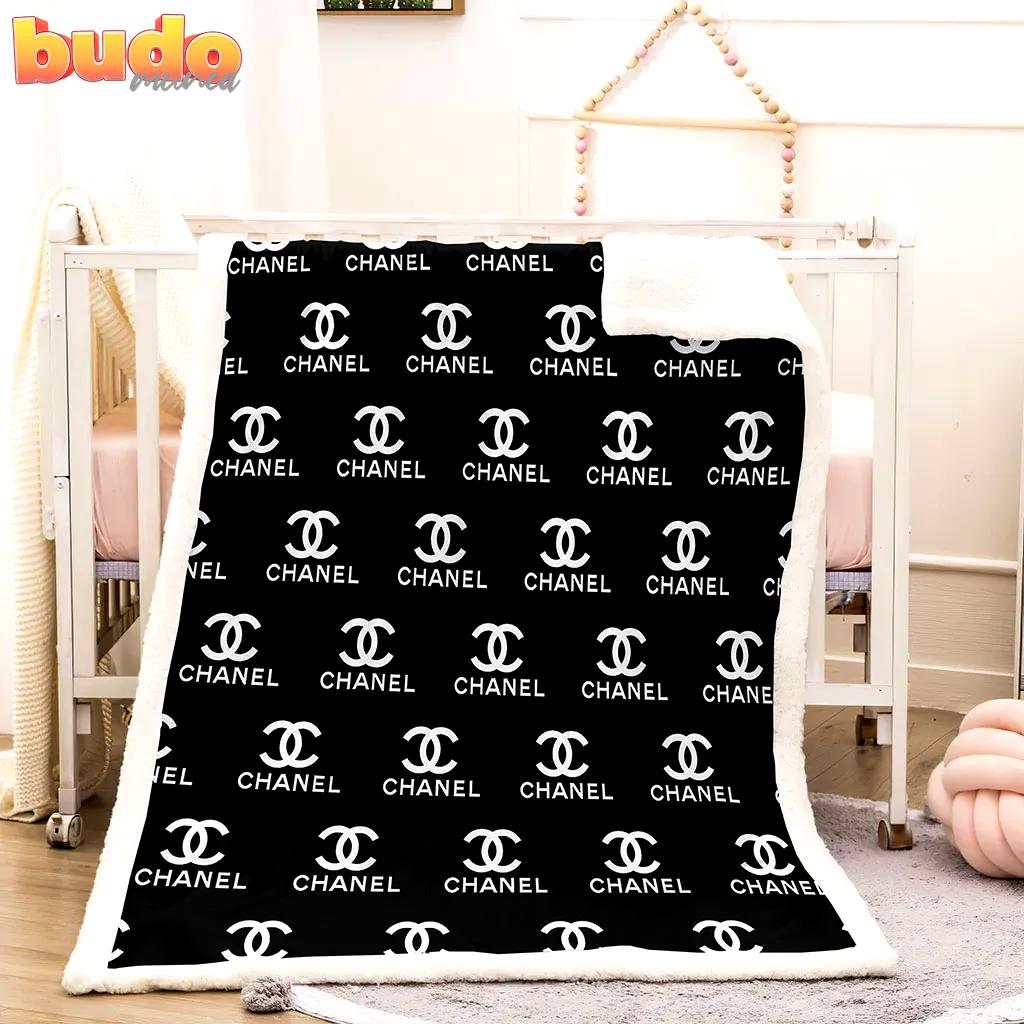 Chanel black logo luxury brand premium blanket fleece home decor