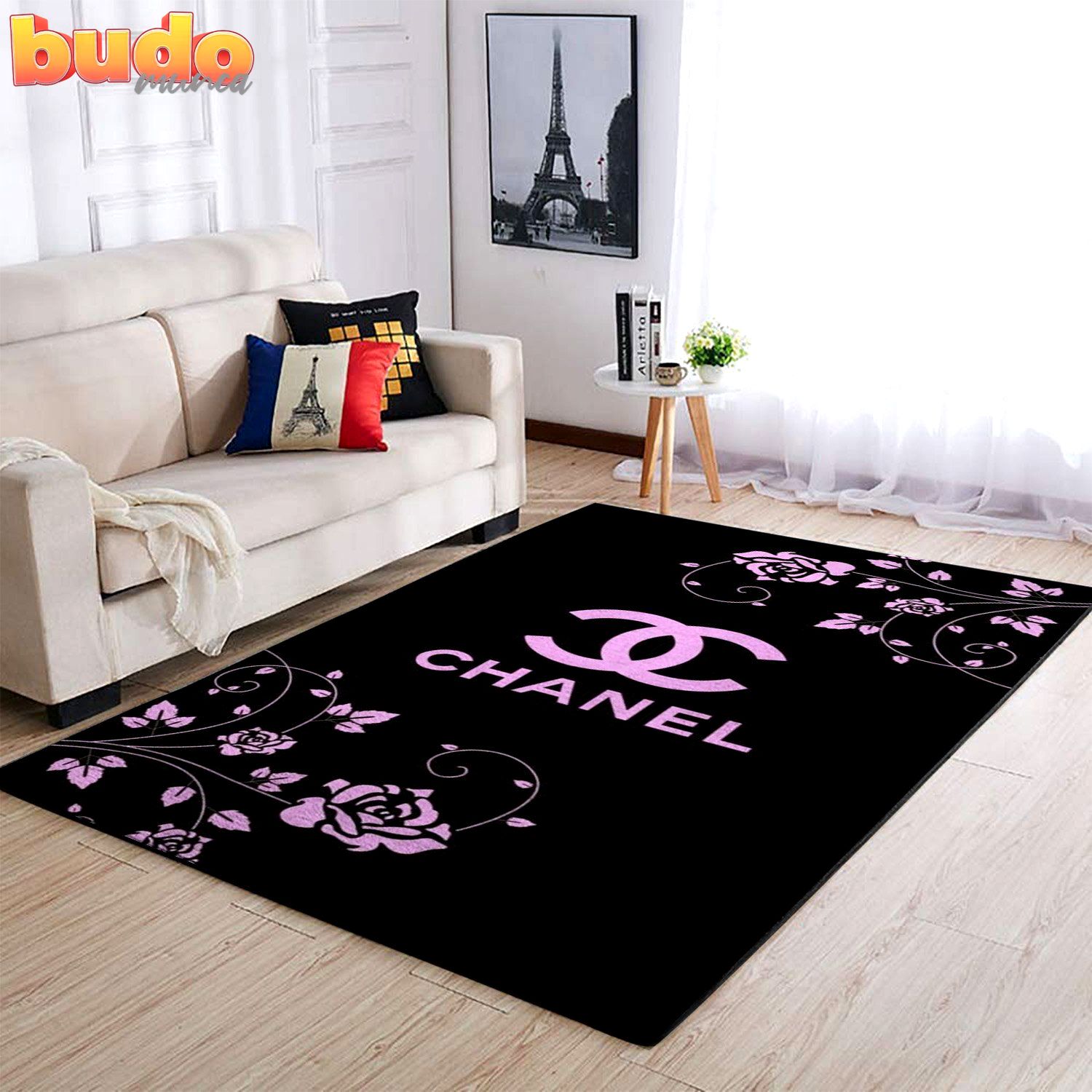 
                chanel flowers black fashion luxury brand premium rug carpet home decor
            