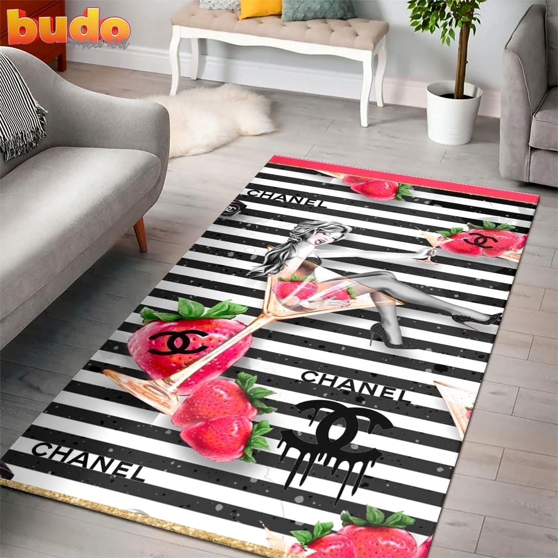 
                chanel lady strawberry fashion luxury brand premium rug carpet home decor
            