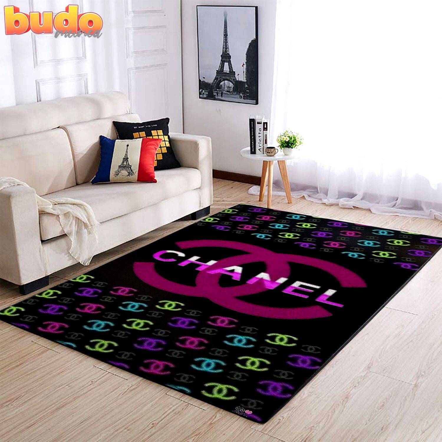 
                chanel logo multicolor fashion luxury brand premium rug carpet home decor
            