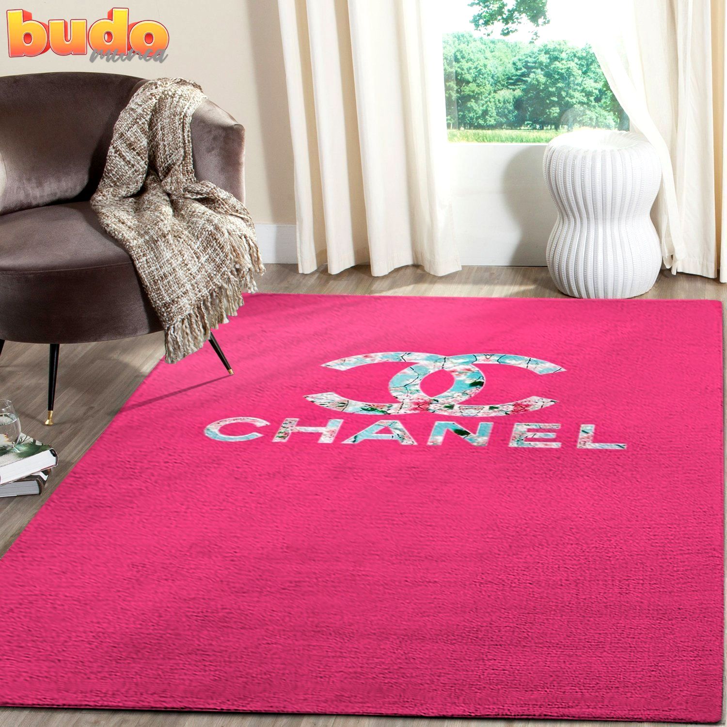 
                chanel logo pinky fashion luxury brand premium rug carpet home decor
            