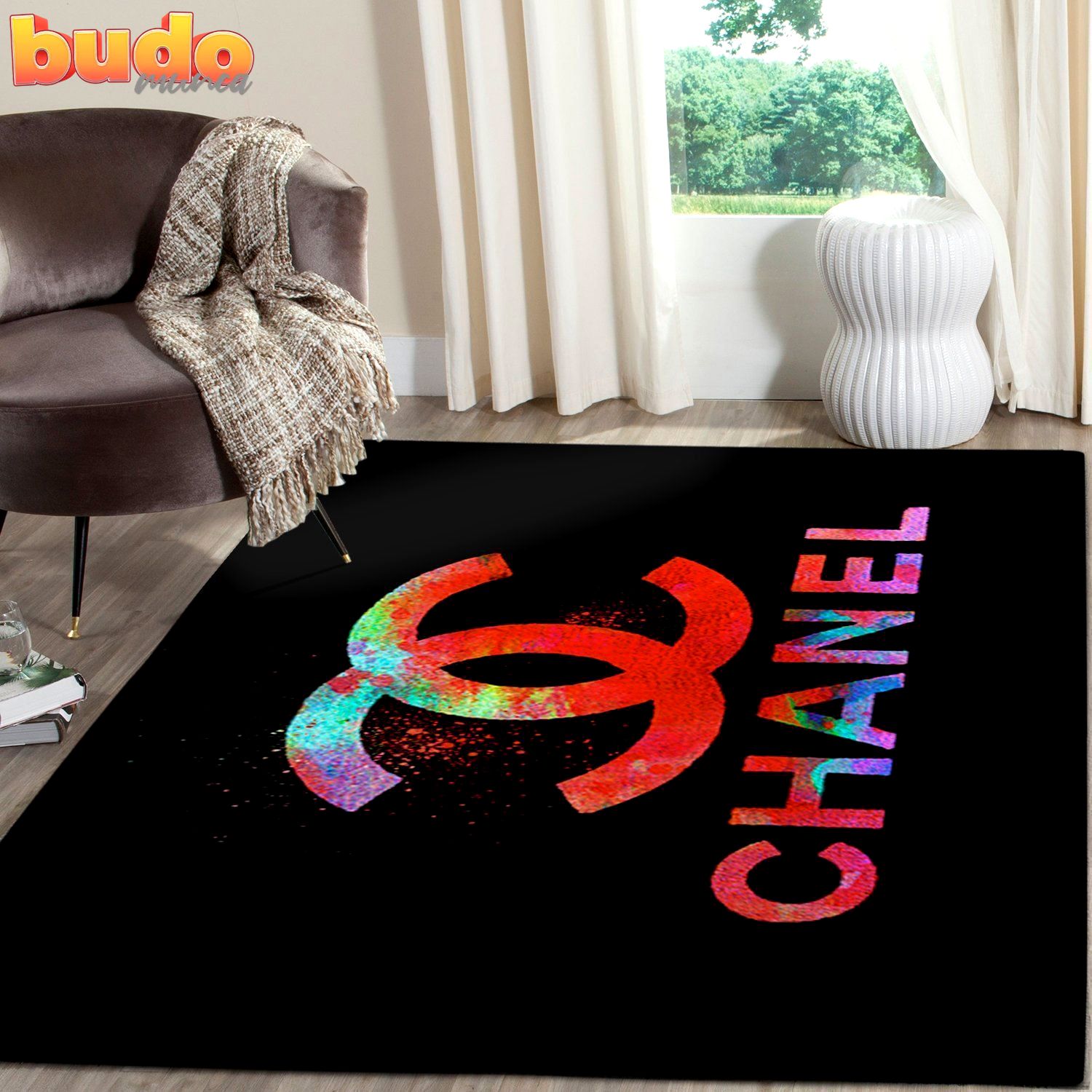 
                chanel red colorful fashion luxury brand premium rug carpet home decor
            