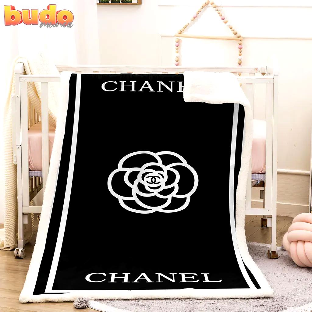 Chanel white flower black luxury brand premium blanket fleece home decor