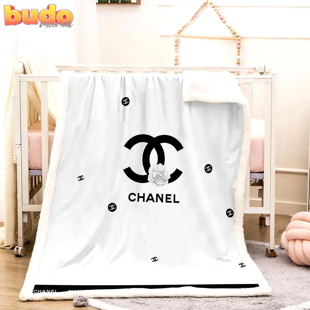 Chanel white roses black logo luxury brand premium blanket fleece home decor