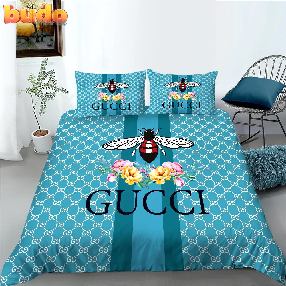 Gucci bee flowers blue luxury fashion brand bedding set bedspread duvet cover set