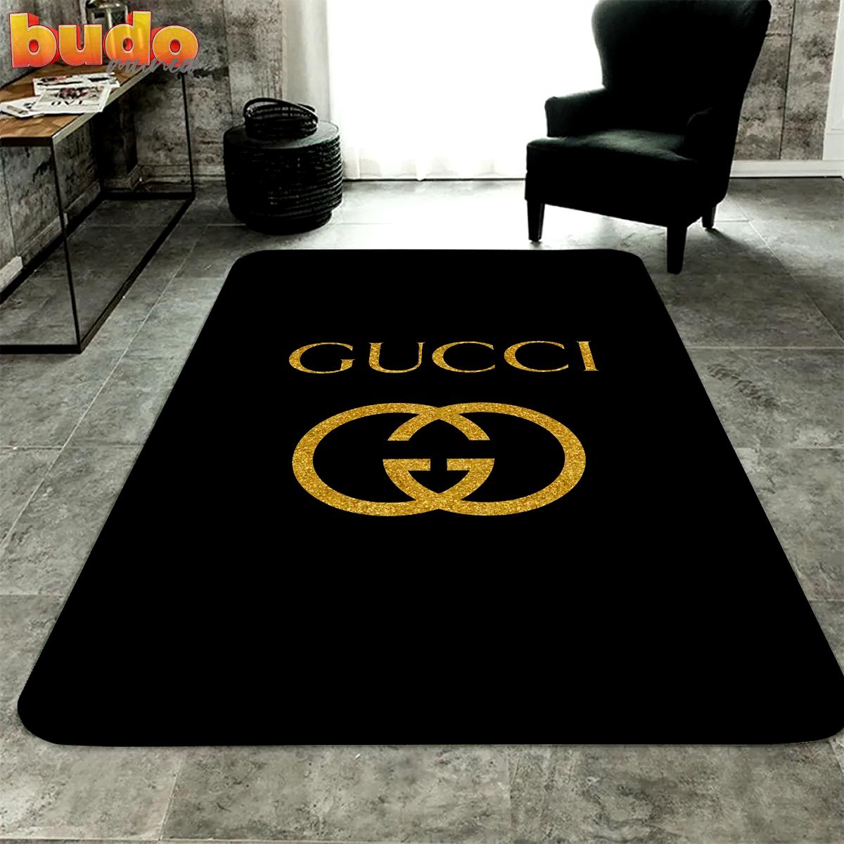 
                gucci black golden logo luxury fashion luxury brand premium rug carpet home decor
            
