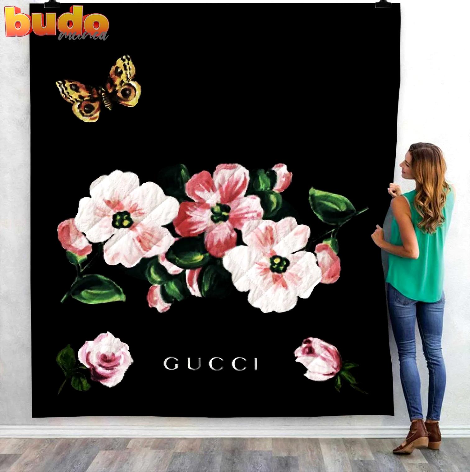 Gucci flowers logo fashion luxury brand premium blanket fleece home decor