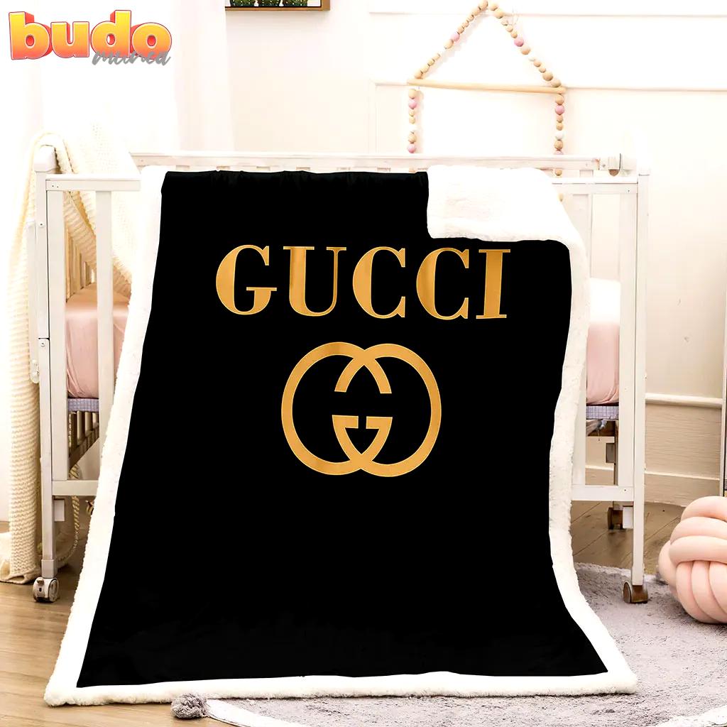 Gucci golden logo black luxury brand premium blanket fleece home decor